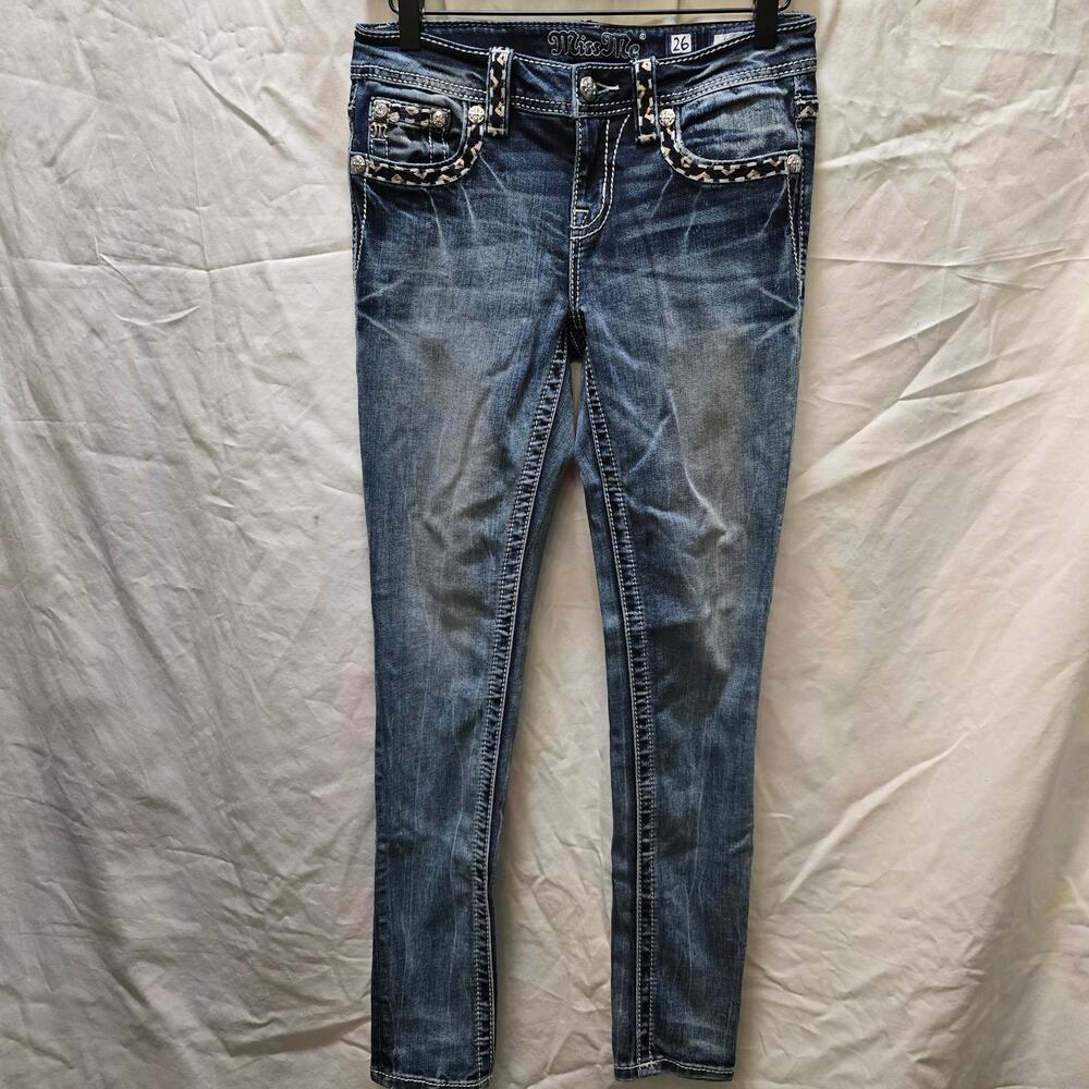 Miss Me Skinny Jeans bling rhinestone decorative stitching‎ flap pockets size 26
